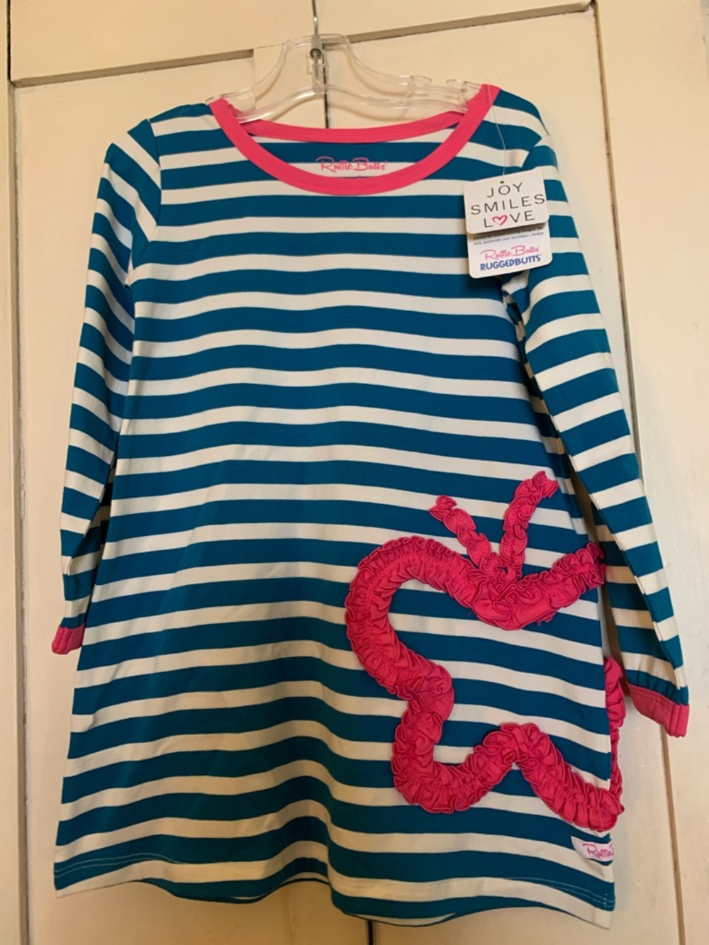 Ruffle Butts peacock blue stripe butterfly dress